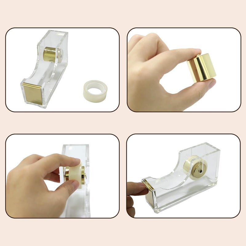 Mersper Gold Tape Dispenser, Clear Acrylic Desk Tape dispensers with Serrated Metal Edge, Modern Aesthetic Office & Craft Tape Organizer for Gift Wrapping, 1 Inch Core, Non-Slip Weighted Base - Image 3